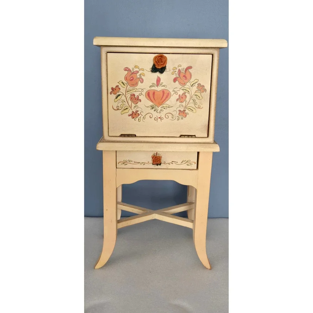 Vintage Hand Painted Floral Heart Wooden Jewelry Armoire Mini Vanity Chest 16in
